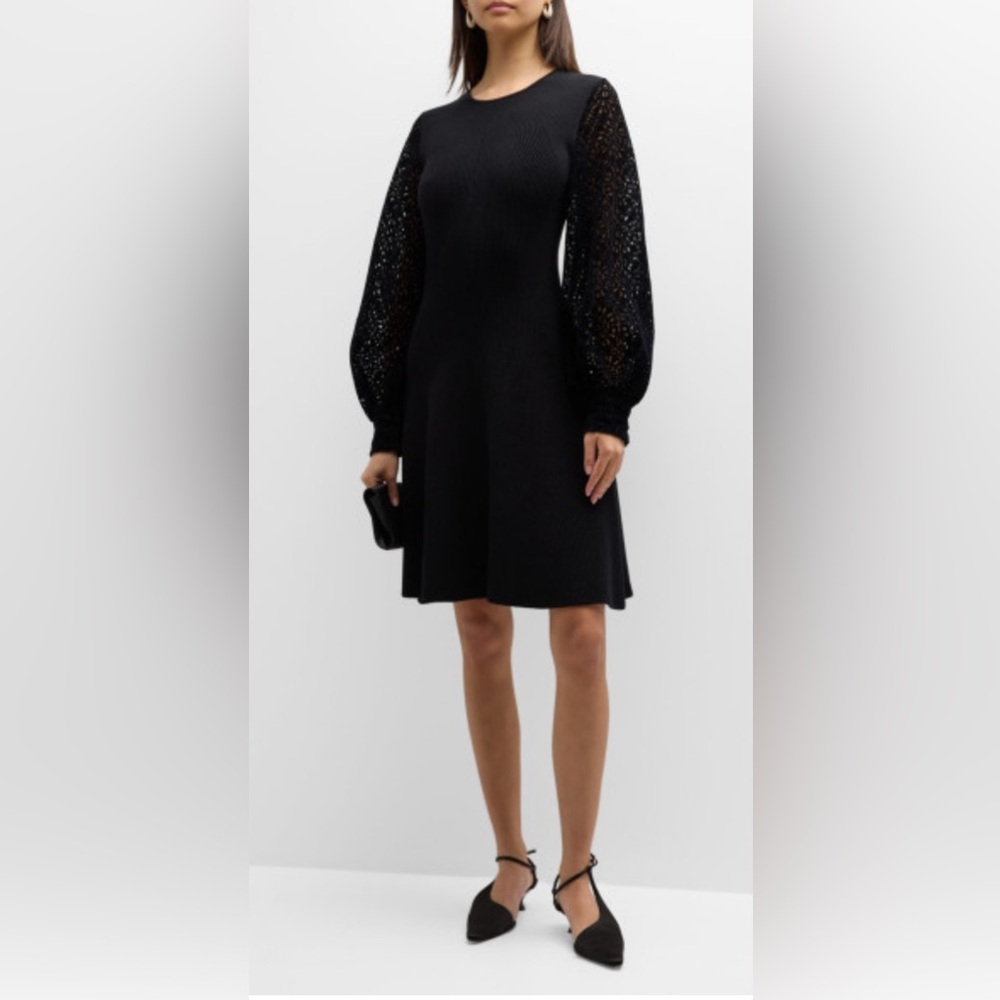 $1495 Lela Rose Black Flocked Lace Blouson Sleeve Dress